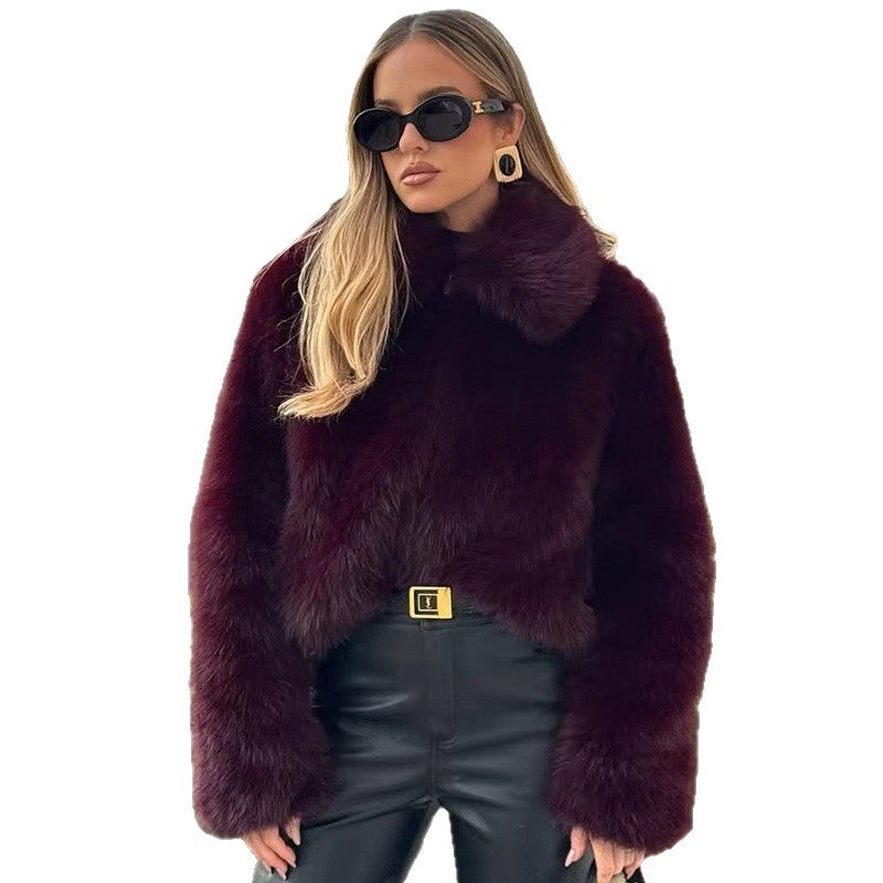 Damen Cropped Kunstpelz‑Boxy‑Jacke mit hohem Stehkragen und extraweichem Hochflor Drune