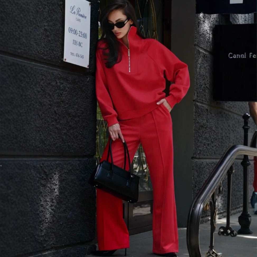Damen Loungewear-Set mit halbem Reißverschluss und weiter Bügelfalten-Hose Drune