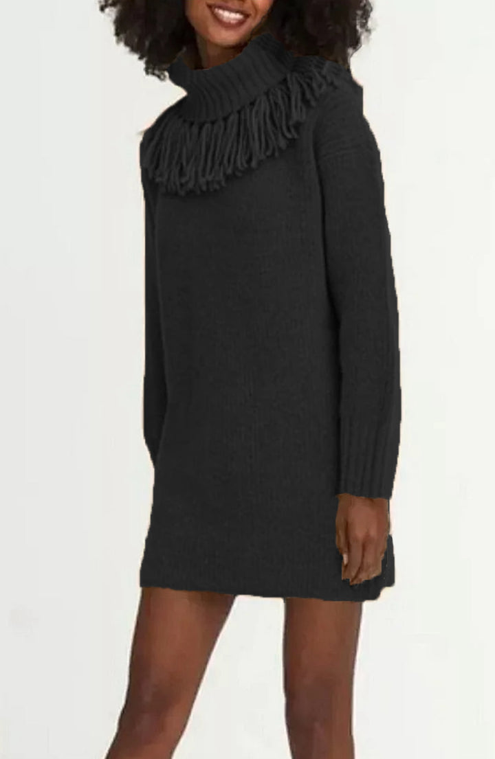 Damen Strickkleid mit dekorativer Fransenkante und hohem Rollkragen Drune