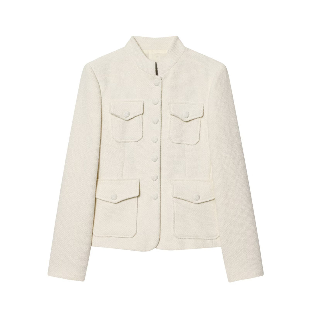 Damen Bouclé-Cropped-Jacke mit Stehkragen, bezogenen Knöpfen und aufgesetzten Pattentaschen Drune