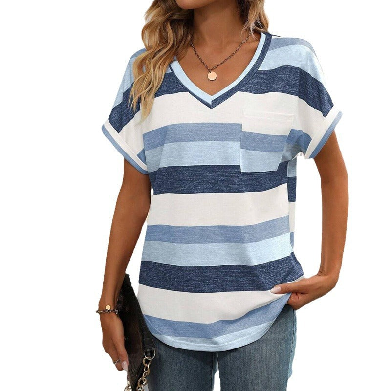 Damen V-Ausschnitt Kurzarmshirt mit Streifenmuster Drune
