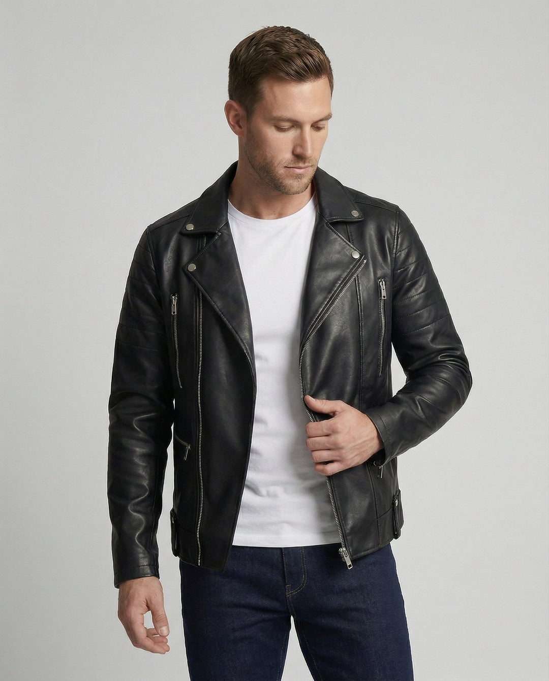 Herren Kunstleder Bikerjacke mit Ziersteppung
