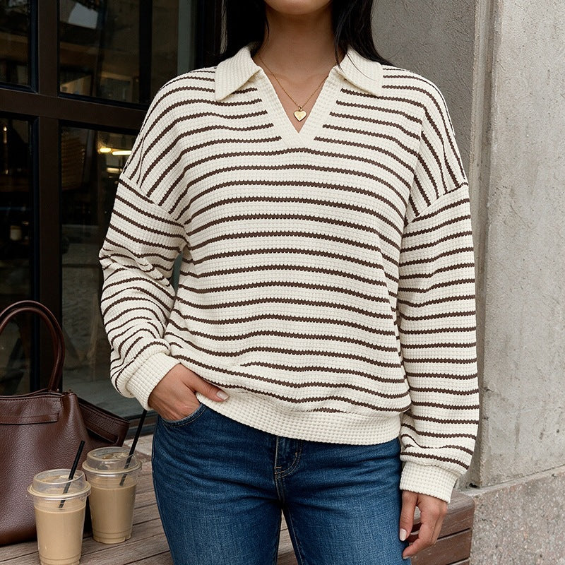 Damen Gestreifter Waffelstrick-Pullover mit Hemdkragen und V-Ausschnitt Drune