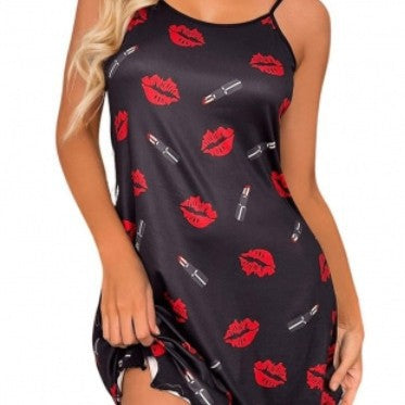 Damen Nachtkleid mit Lippen- und Lippenstift-Muster Drune