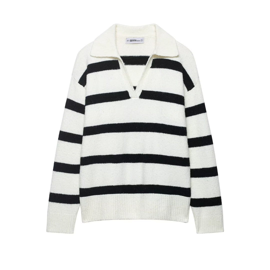 Damen Gestreifter Oversize-Pullover mit Polokragen und tiefem V-Ausschnitt Drune