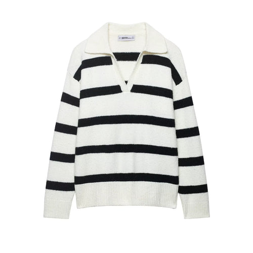 Damen Gestreifter Oversize-Pullover mit Polokragen und tiefem V-Ausschnitt Drune