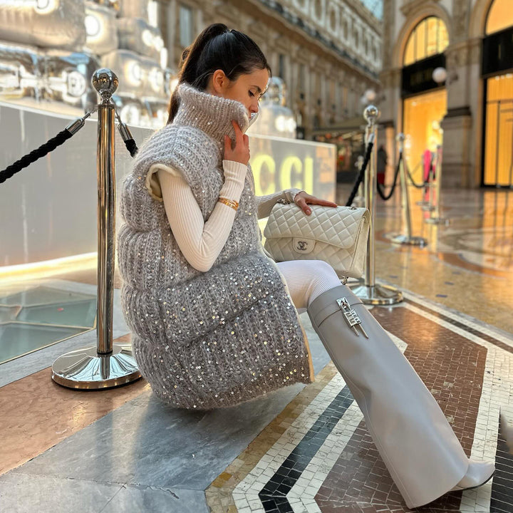 Damen Steppweste mit eleganten Pailletten-Details und hohem Kragen Drune