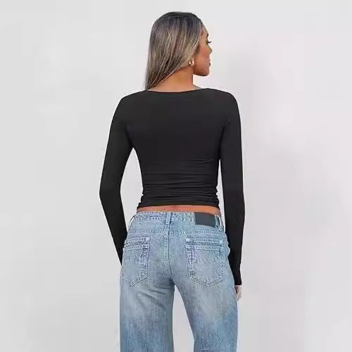 Damen Enganliegendes Langarm-Top mit tiefem V‑Ausschnitt und Twist‑Detail Drune