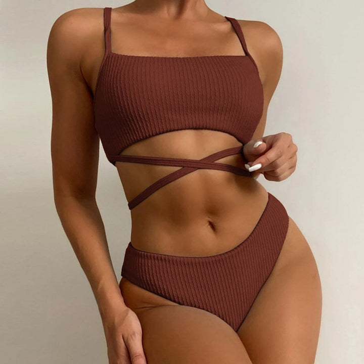 Damen Hochgeschnittener Ripp-Bikini mit Kreuzdetails Drune