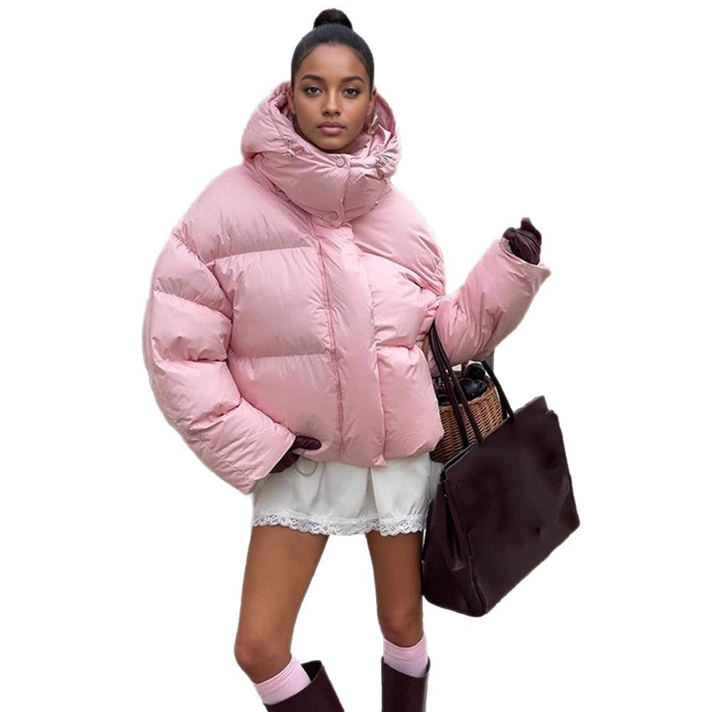 Damen kurze oversized Stepp-Daunenjacke mit Kapuze und hohem Stehkragen Drune