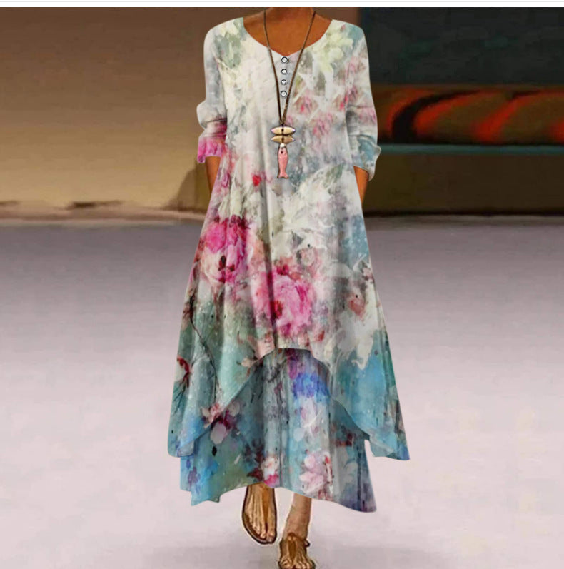 Damen Fließendes Maxikleid mit kunstvollem Blumendruck und asymmetrischem Saum Drune