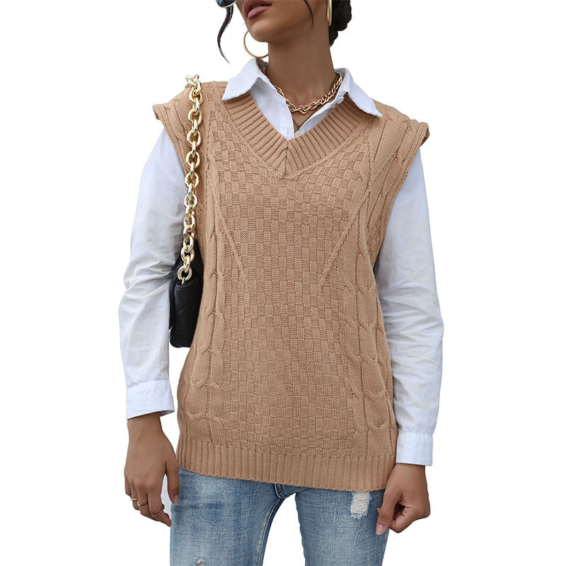 Damen Strick-Weste mit V‑Ausschnitt, Zopfmuster und lässiger Oversize-Silhouette Drune