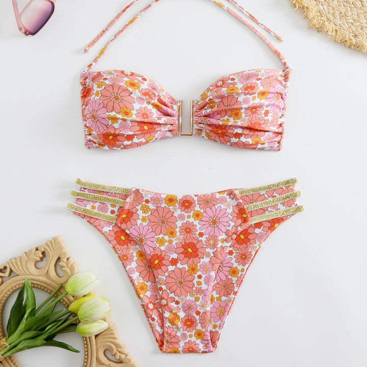 Damen Bikini-Set mit floralem Design und goldenen Akzenten Drune