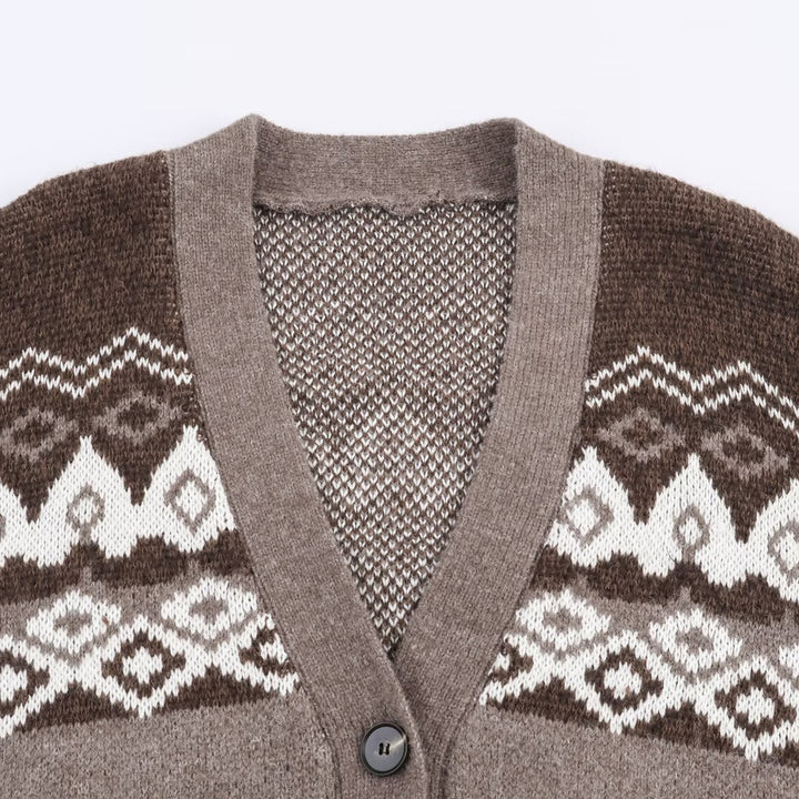 Damen Oversize-Strickcardigan mit Jacquard‑Muster und V‑Ausschnitt Drune