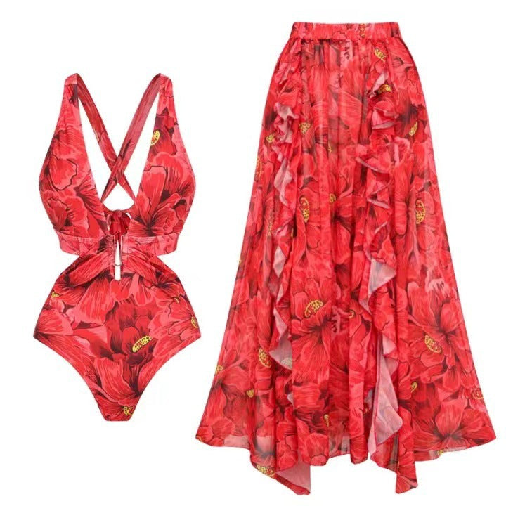 Damen Badeanzug mit floralen Akzenten und passendem Wickelrock Drune