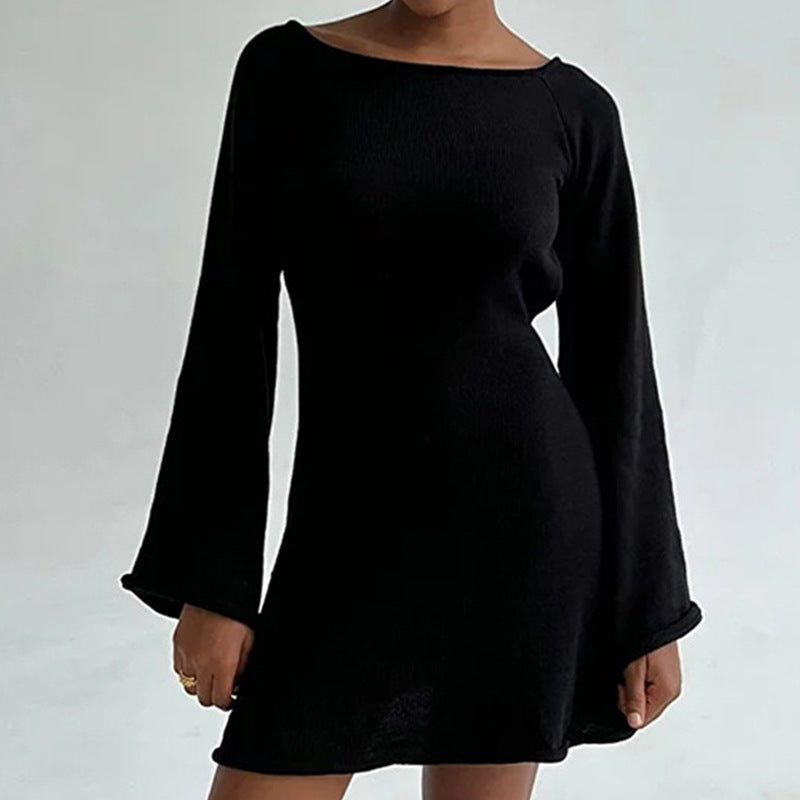 Damen elegantes Strickkleid mit weitem Ärmel und figurbetonter Silhouette Drune