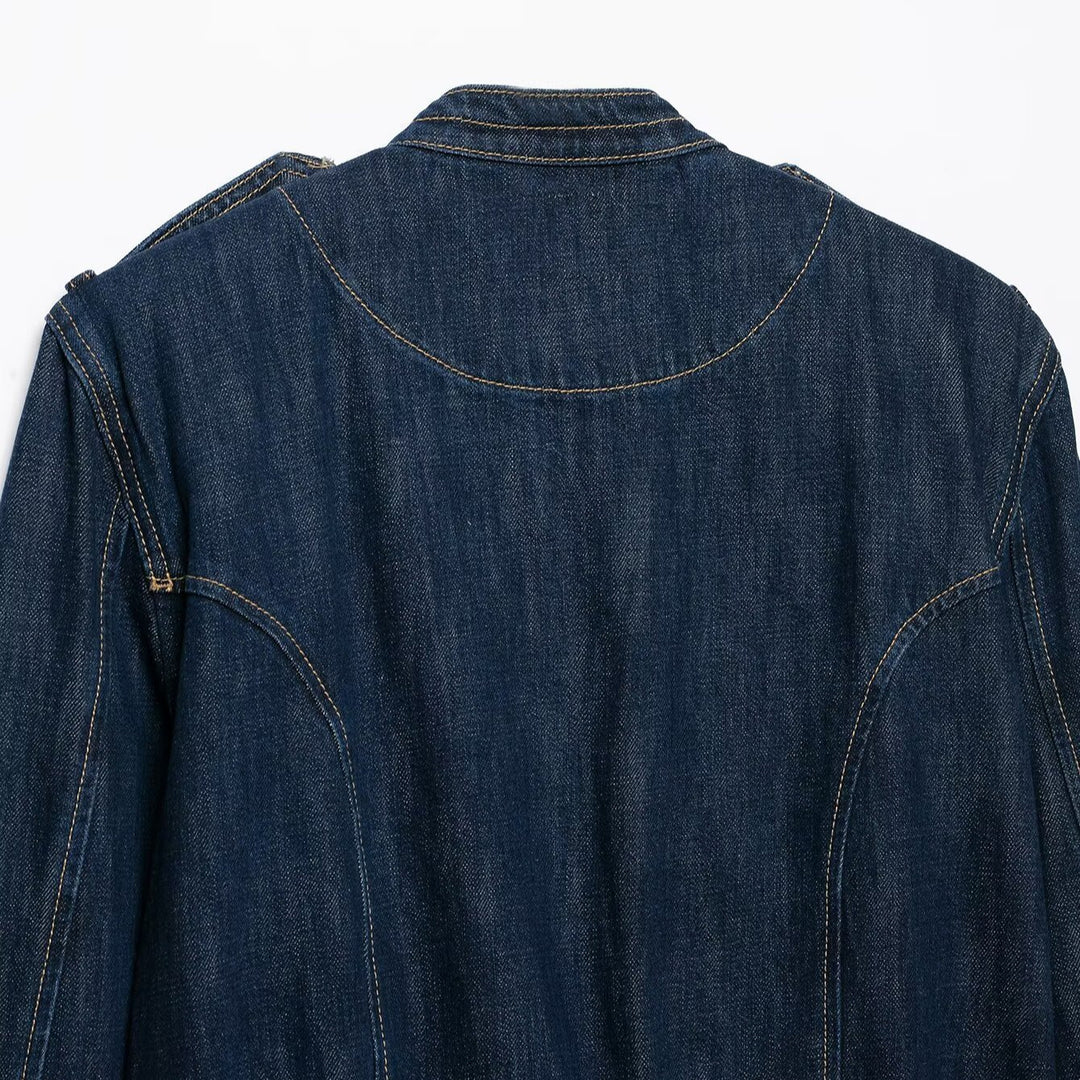 Damen Cropped Denim-Fieldjacke mit dekorischer Doppelreihe und Stehkragen Drune