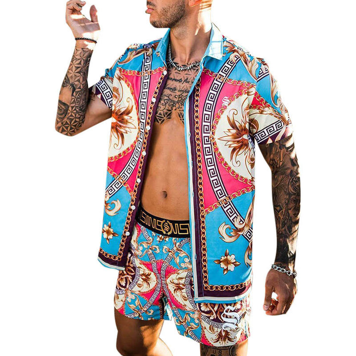 Männer Lebhaftes Tropenprint Kurzarmhemd und Passende Badehose Set Drune