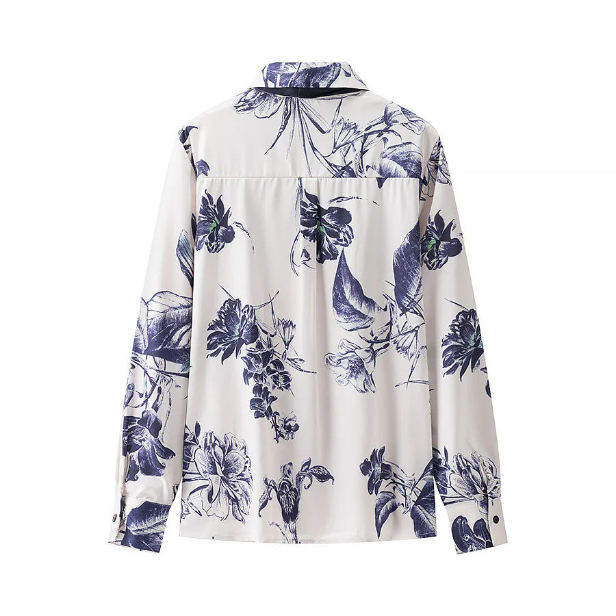 Damen nan satiniertes Hemd mit Schleifenkragen und floralem Print Drune
