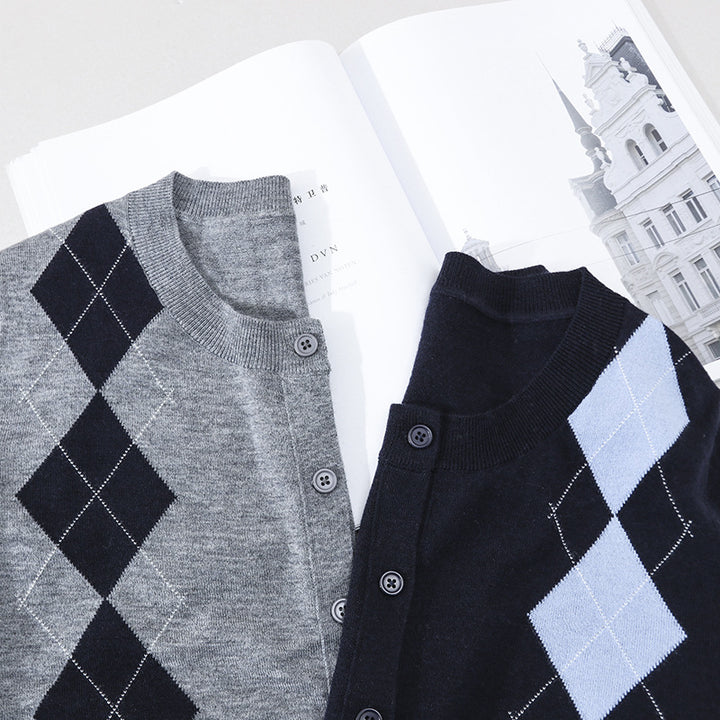 Damen Feinstrick-Cardigan mit Rautenintarsien und Knopfleiste Drune