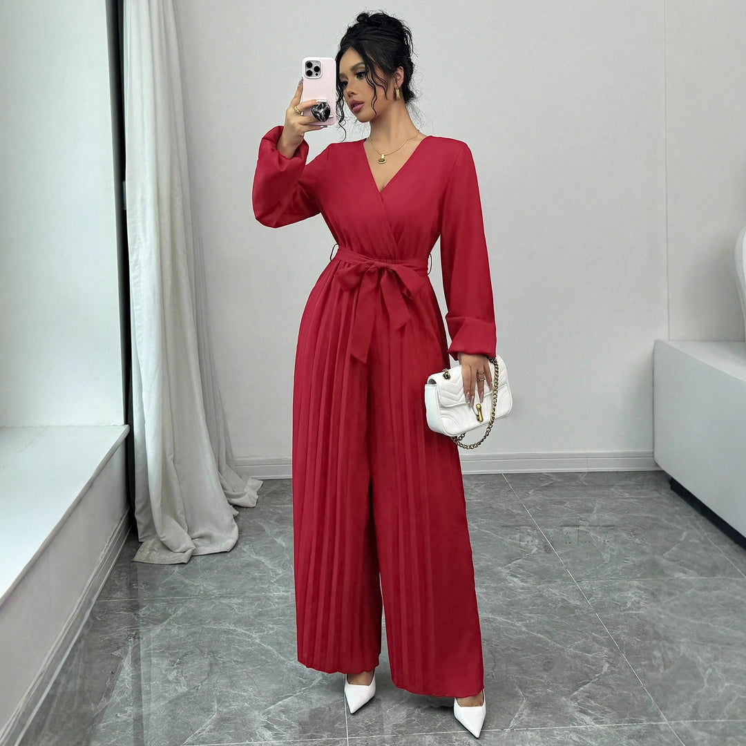 Damen Eleganter Jumpsuit mit taillierbarem Gürtel und plissiertem Schnitt Drune