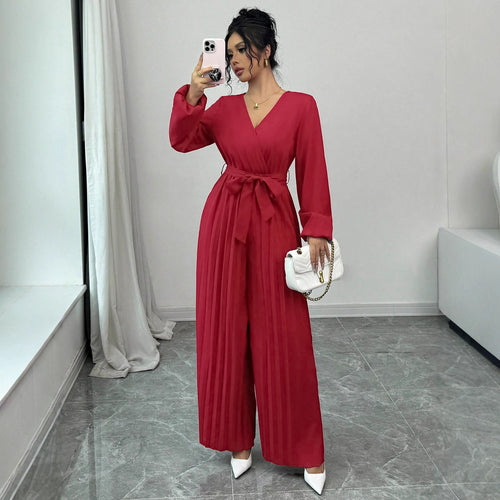 Damen Eleganter Jumpsuit mit taillierbarem Gürtel und plissiertem Schnitt Drune