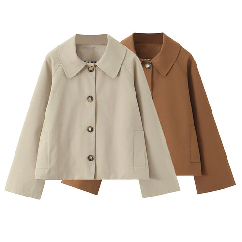 Damen Kurz geschnittene Boxy-Jacke mit weitem Hemdkragen und durchgehender Knopfleiste Drune