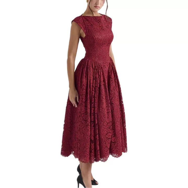 Damen Elegantes Spitzenkleid mit hochgeschlossenem Design und schwingendem Rock Drune