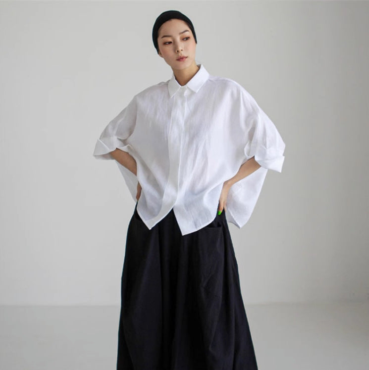 Damen Weite Boxy-Leinenbluse mit verdeckter Knopfleiste, Stehkragen und krempelbaren Ärmeln Drune