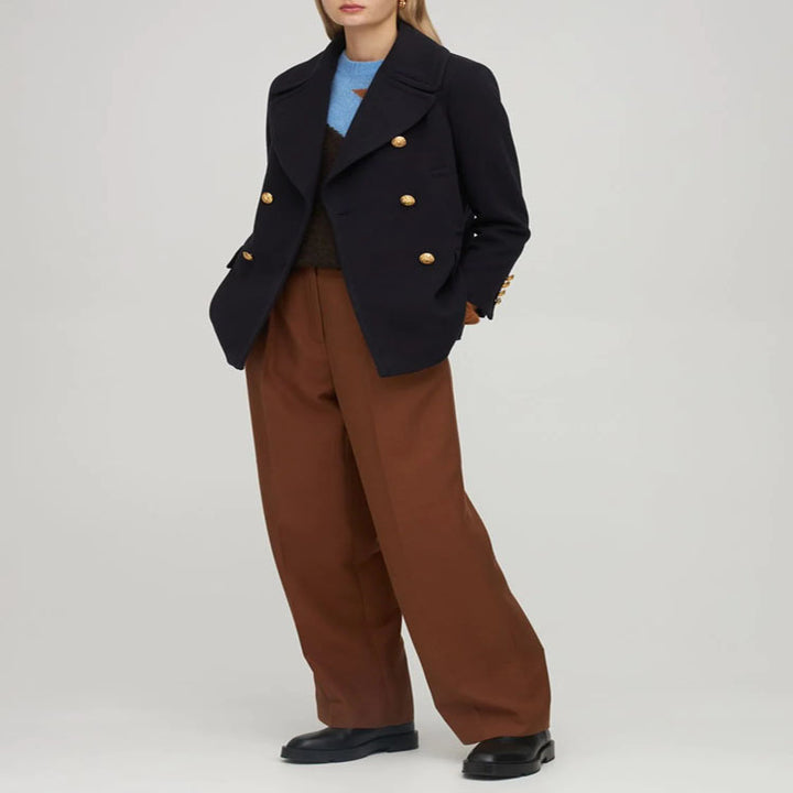 Damen Kurzer Zweireihiger Wollmix-Peacoat mit goldenen Zierrundknöpfen und taillierter Silhouette Drune