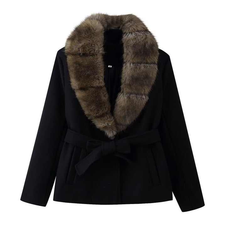 Damen Kurzer Wollmix-Mantel mit abnehmbarem Faux-Fur-Schalkragen und Taillengürtel Drune