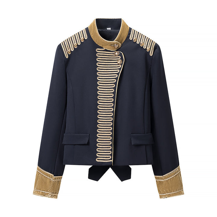 Damen Kurzblazer im Marschall-Stil mit verzierten Goldgalons und Stehkragen Drune