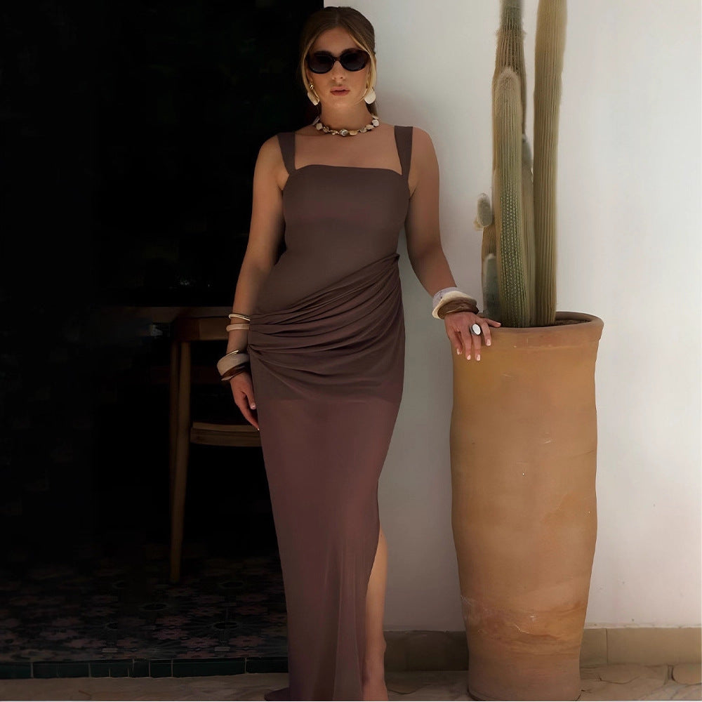 Damen Elegantes Maxikleid mit raffinierten Drapierungen und transparentem Rock Drune