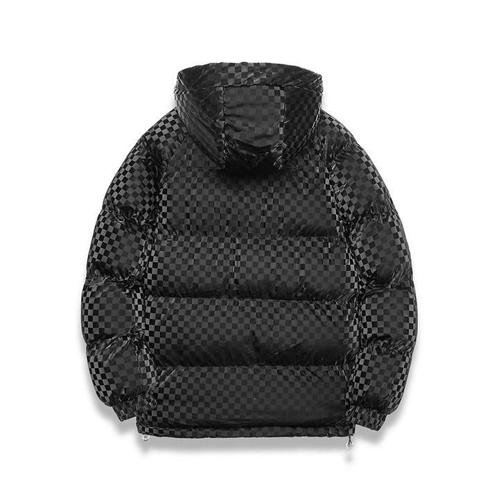Herren Hochglänzende gesteppte Thermojacke mit Kapuze & Karo‑Struktur Drune