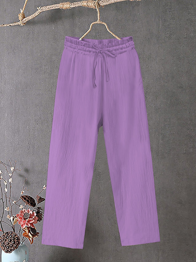 Damen Crinkle Leinenmischung Hose mit elastischem Kordelzug, gerade Beinform und lässiger Passform Drune