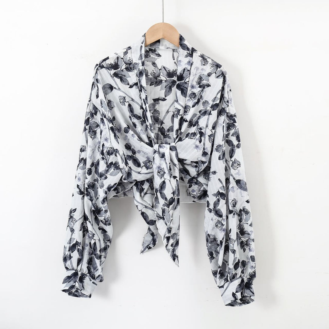 Damen nan florale Knoten-Bluse im Wickelstil mit Ballonärmeln und leichter Leinenoptik Drune