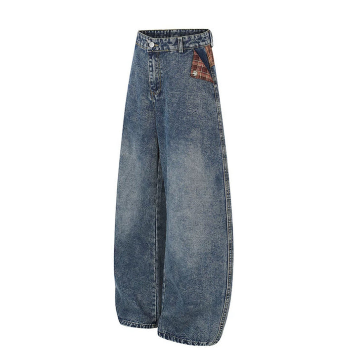 Damen Weite High‑Waist Denim‑Culotte im Palazzo‑Stil mit Karo‑Bund und Vintage‑Waschung Drune