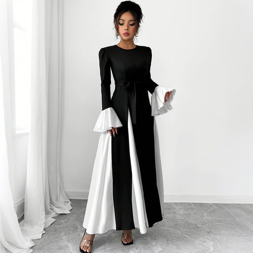 Damen Elegantes Maxikleid mit Rüschendetails und Taillengürtel Drune