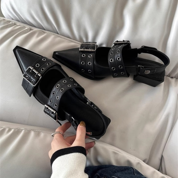 Damen Spitz zulaufende Slingback‑Flats mit doppelten Ösen‑Riemen und verstellbarer Schnalle Drune