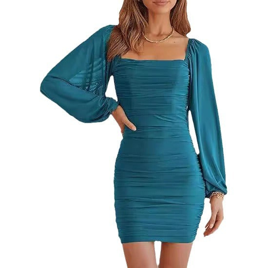 Damen figurbetontes Minikleid mit Puffärmeln und quadratischem Ausschnitt Drune