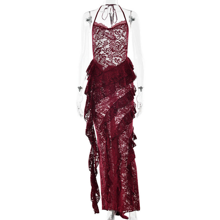 Damen verführerisches Spitzenkleid mit asymmetrischem Saum und Rüschendetails Drune