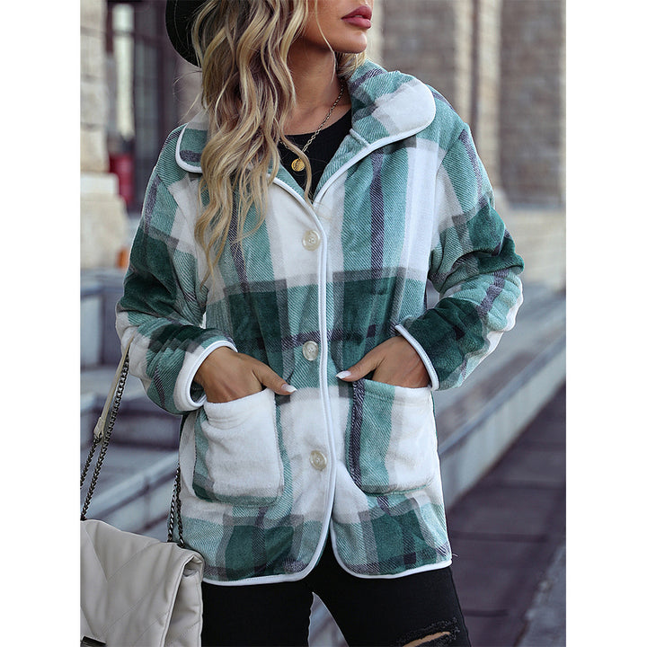 Damen Softer Karostoff Mantel mit modernen Knopfdetails Drune