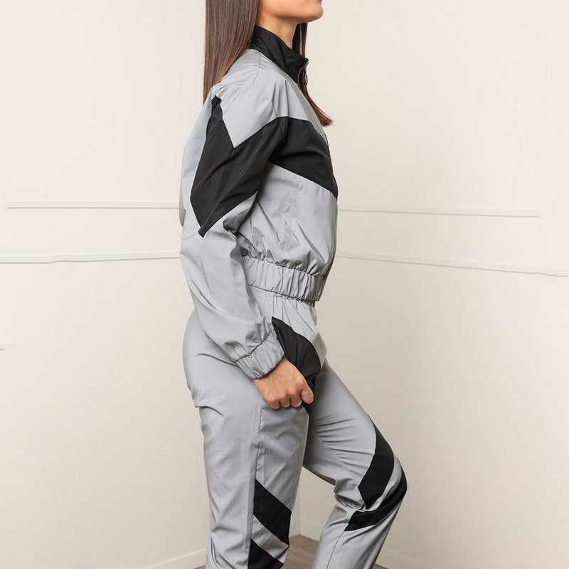 Damen Sportliches Windbreaker-Set mit modernem Farbblock-Design und elastischen Bündchen Drune
