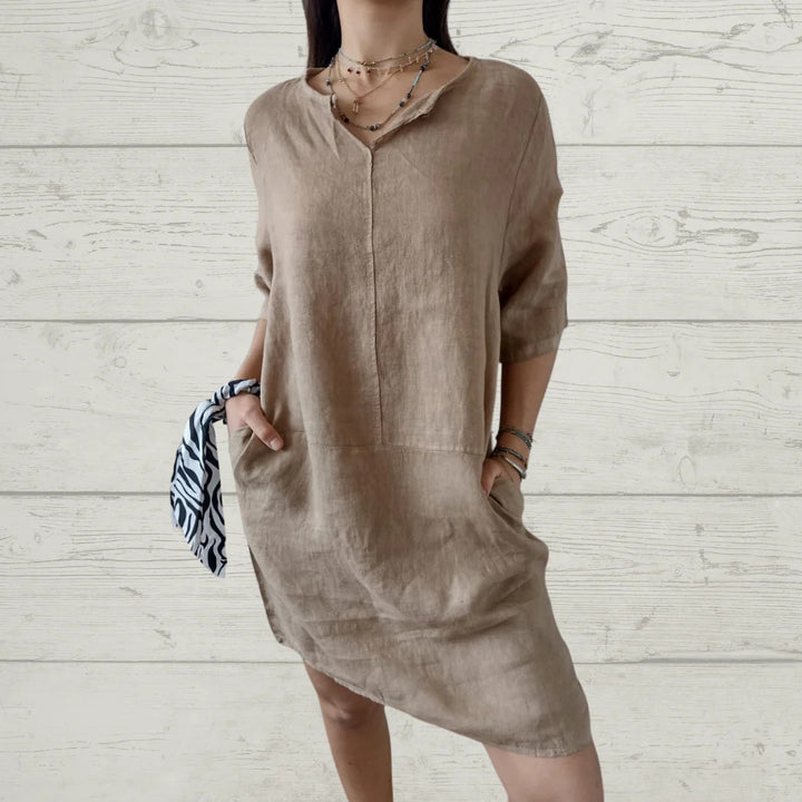 Damen Leichtes Leinenkleid mit vorderem Knopfdetail und seitlichen Taschen Drune