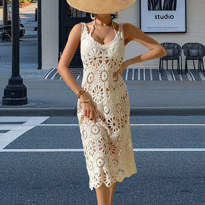 Damen Häkel-Maxikleid mit floralen Motiven und zarten Details Drune