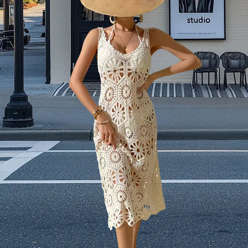 Damen Häkel-Maxikleid mit floralen Motiven und zarten Details Drune
