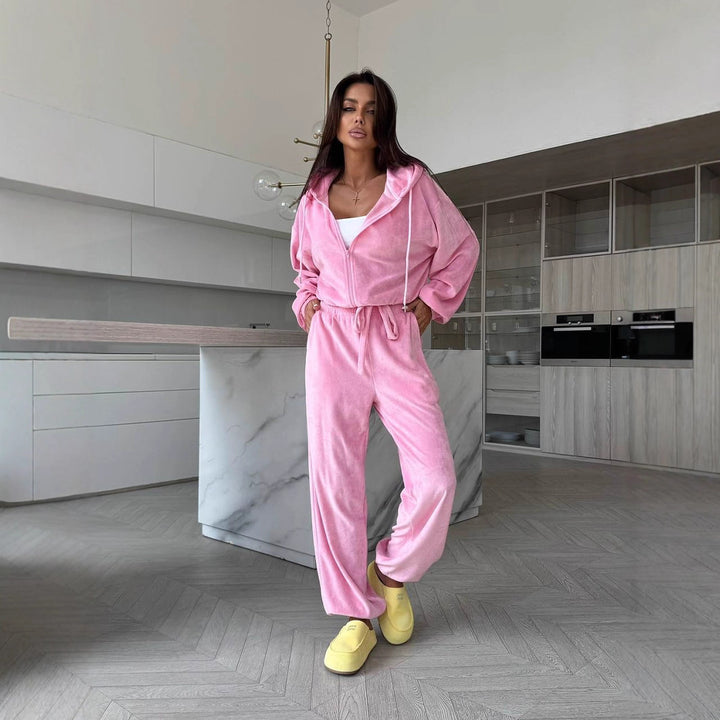 Damen weiches Velours Lounge-Set mit Kapuzenjacke, Reißverschluss und weiten Komforthosen Drune