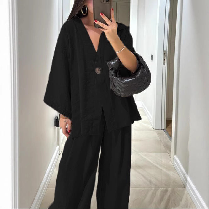 Damen nan entspanntes Zweiteiler-Leinenensemble mit kimonoartiger Oversize-Jacke und weiter Palazzohose Drune
