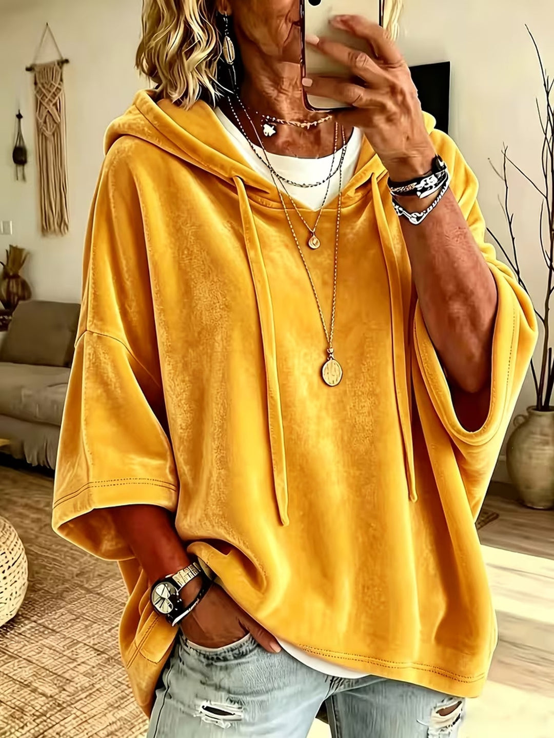 Damen Oversize Samt-Kapuzenponcho mit halblangen Ärmeln und Tunnelzug Drune