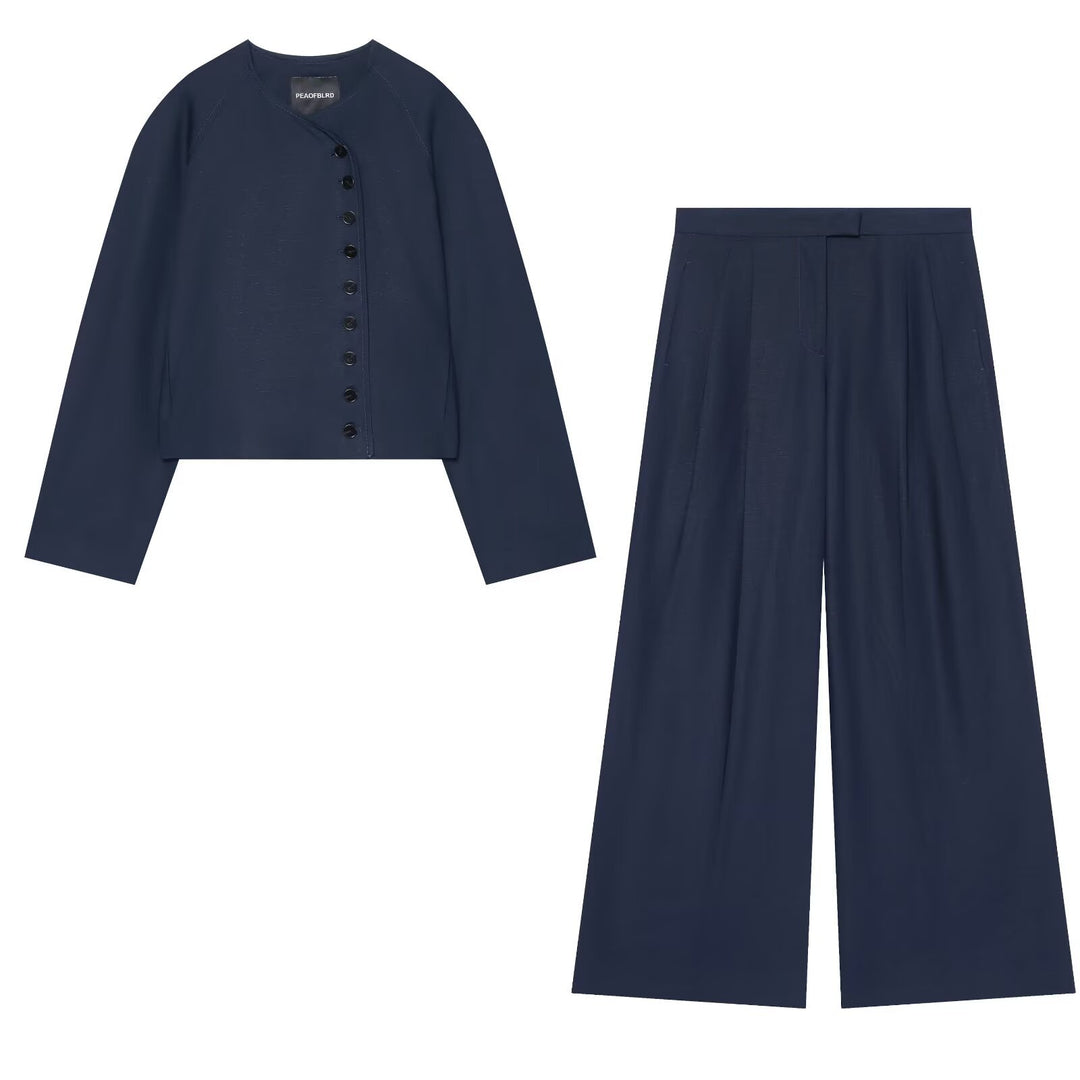 Damen Weite Bundfaltenhose mit hoher Taille und eleganten Bügelfalten Drune